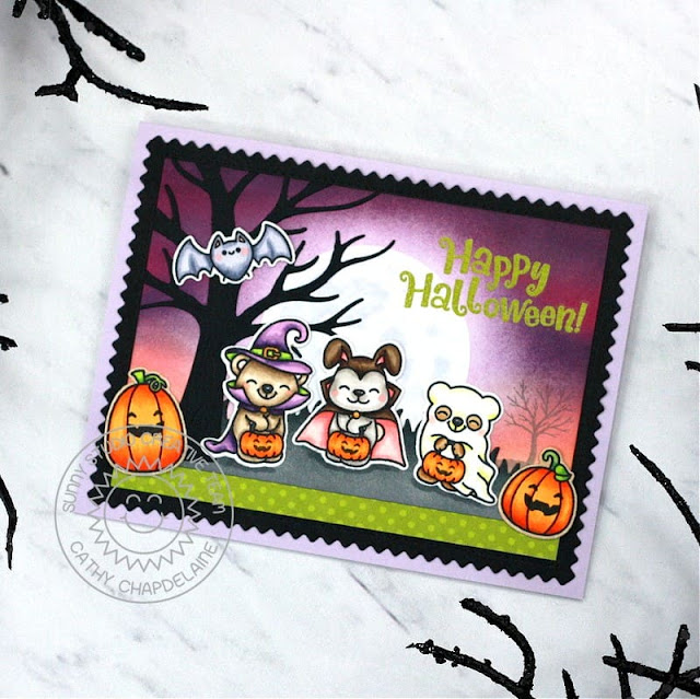Sunny Studio Stamps: Too Cute To Spook Halloween Card by Cathy Chapdelaine (featuring Autumn Tree Dies, Fall Scenes, Slimline Dies, Frilly Frame Dies)