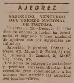Recorte del Diario de Barcelona sobre el Torneo Nacional de Ajedrez de Tortosa 1950