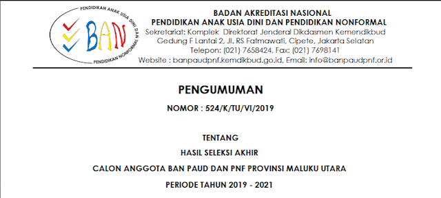 Pengumuman Hasil Seleksi Akhir Calon Anggota BAN PAUD dan PNF Provinsi Maluku Utara Periode Tahun 2019-2021 
