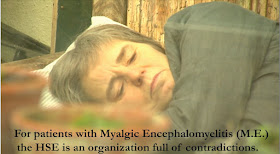 photo, Corina Duyn lying down, with caption: For patients with Myalgic Encephalomyelitis (M.E.) the HSE is an organization full of contradictions.