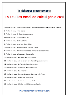 Nous vous offrons aujourd’hui un excellent document de 18 feuilles excel de génie civil à télécharger gratuitement.