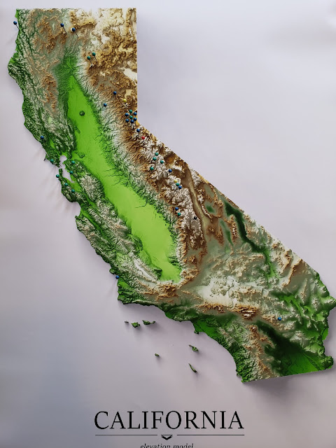 Elevation profile map of California with pins on special locations