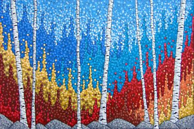 An Autumn Hike painting by duluth artist aaron kloss, siiviis gallery paintings, duluth mn artist, painting of birch trees in the fall autumn, pointillism, explore mn, visitduluth, visit duluth mn