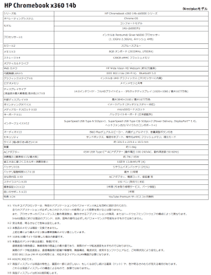 「HP Chromebook x360 14b」のスペック表