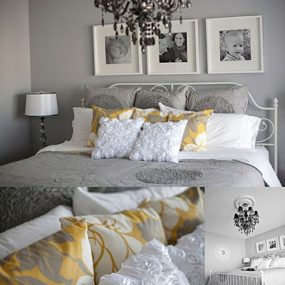 diseño de dormitorio gris amarillo
