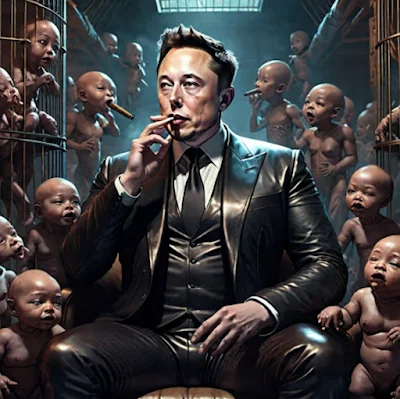 Elon Musk wearing black leather suit smoking a cigar in a room full of caged babies smoking stogies
