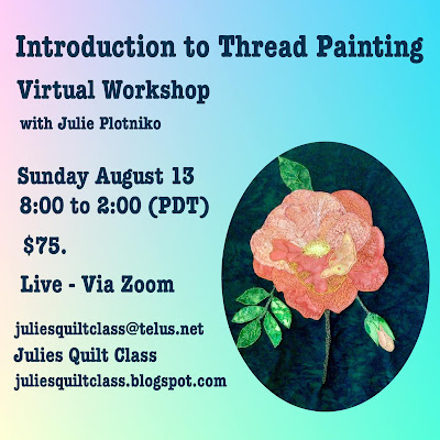 A poster advertising a Virtual quilting workshop with Julie Plotniko