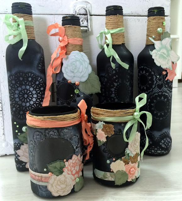 Altered bottles and jars by Solange Marques featuring BoBunny Felicity collection and Pentart chalkboard paint