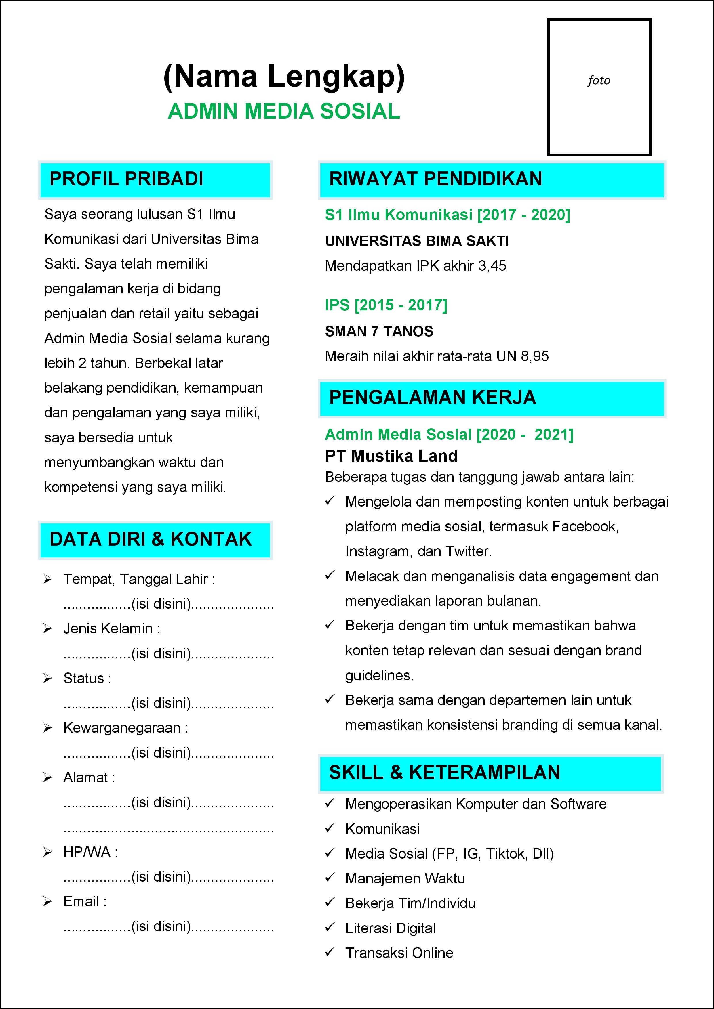 contoh 2 daftar riwayat hidup Admin Media Sosial yang telah memiliki pengalaman kerja (experience)