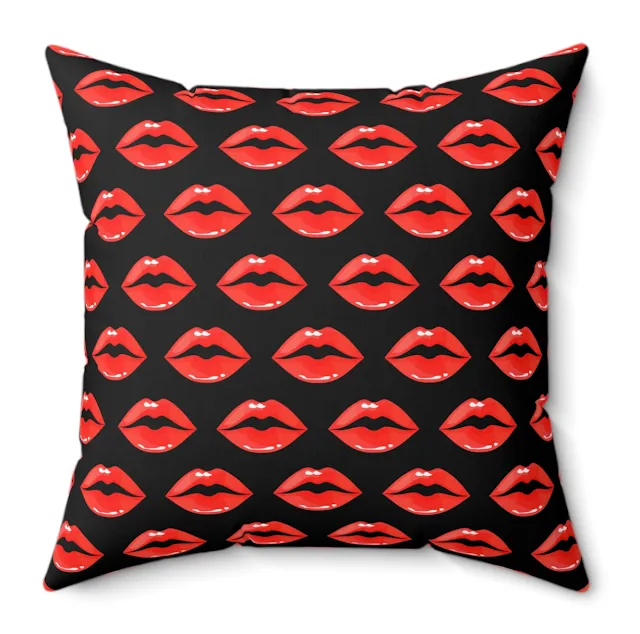 Spun Polyester Square Valentine Pillow With Black Red Lips Pattern