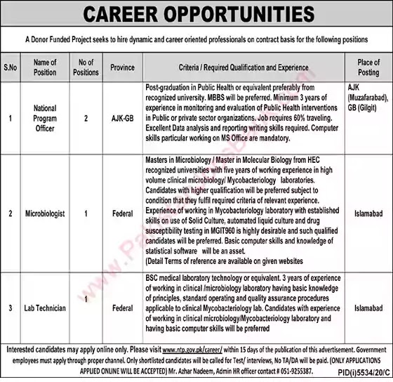 New Jobs in Pakistan National TB Control Program Pakistan Jobs 2021 | Apply Online