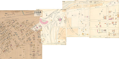 Four tiled map sections, labelled, from left to right, 114A, 112, 113, 114, from the 1888/1901 Fire Insurance plans, with extents just west of Division (Booth, east); Spruce between Division and First (Champagne/City Centre, South), Somerset over the tracks (South), half a block south of Somerset west of the tracks (South); A little west o fSouth St (Garland, West); and a little north of Wellington St/Concession (Albert/Scott, North). The left-most square of map (114A) is on darker (older) paper than the other three sections, which are also smaller. The rail lines are shown in more detail. The CPR comes under Somerset (which is labelled as 'Wood & Iron Bridge') before splitting once for a spur that goes over Wellington west of the Roundhouse, then splits into five tracks, one splits west with a building on the south side of Wellington, two that split east and go into a building on the south side of Wellington, and between those, another which splits into two before crossing Wellington, one going west off the map toward the Prince of Wales bridge, the other going east and splitting after Wellington into three tracks and going into a tangle of tracks that are mostly cut off of the map. The CAR has three lines crossing under Somerset, the left two join south of somerset, and the right two join north of Somerset. Heading north, the left line goes into the same building south of Wellington as the two CPR tracks; the right line goes through the Sparks Estate North Yard/J. R. Booth, then goes east of the building to cross Welilngton just west of First Ave (Champagne/City Centre Ave) and heads east and wraps around the Canada Atlantic yard, ending with a track that splits at Wellington and broad, one of which continues across Broad and northeast off the map. 