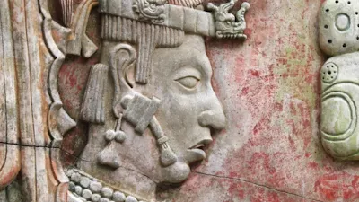 Bas-relief carving with of a Mayan king, Palenque, Chiapas, Mexico ufosfootage.