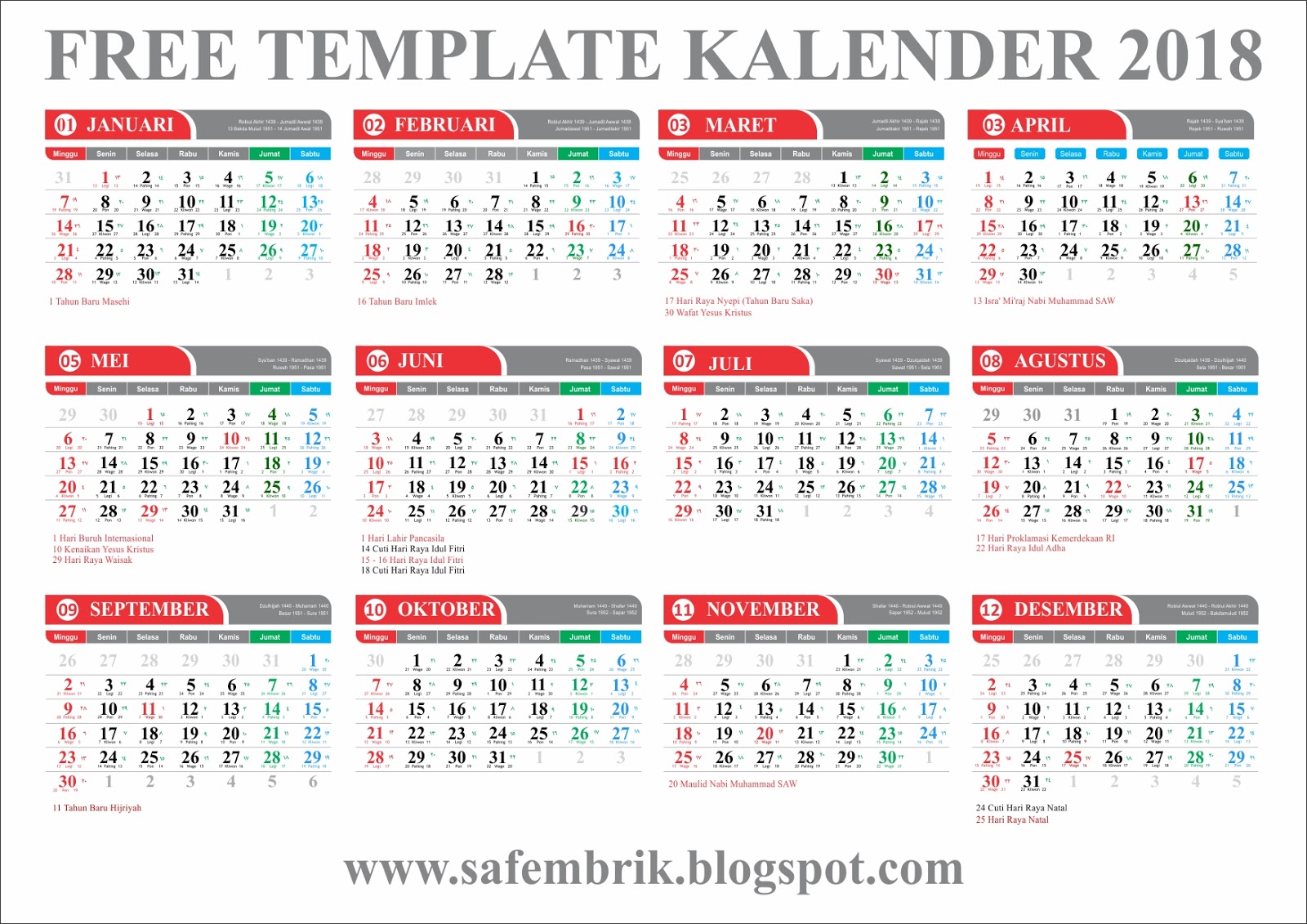 MI HAYATUL ISLAM Download Gratis Free Template Kalender 2018