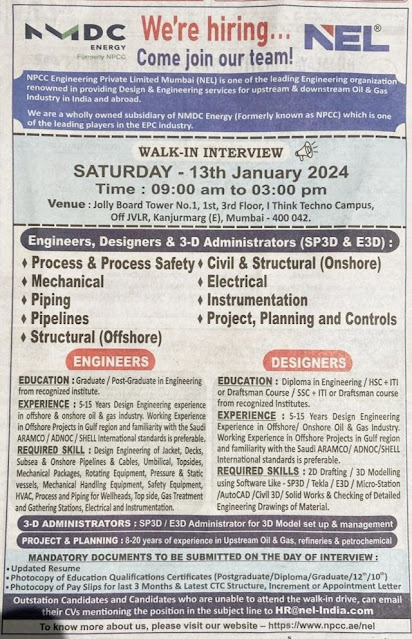 NPCC Walk In Interview For Process & Process Safety/ Mechanical/ Piping/ Pipelines/ Electrical/ Instrumentation/ Structural/ Project, Planning and Controls/ Civil & Structural