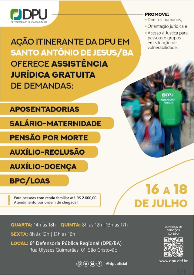 Defensoria Pública da União realiza atendimento gratuito em Santo Antônio de Jesus
