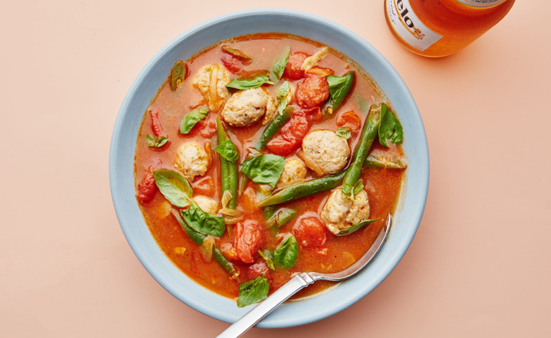 Chicken Meatballs and Green Beans in Tomato Broth