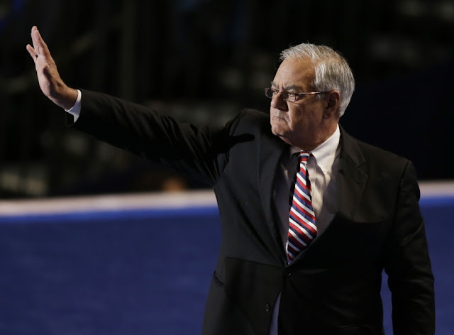 Rep. Barney Frank of Massachusetts waves to delegates after his speech at the Democratic National Convention.