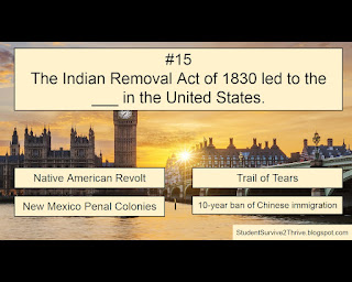 The Indian Removal Act of 1830 led to the ___ in the United States. Answer choices include: Native American Revolt, Trail of Tears, New Mexico Penal Colonies, 16-year ban of Chinese immigration