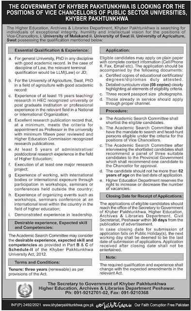 Higher Education, Archives & Libraries Department KPK Jobs 2021