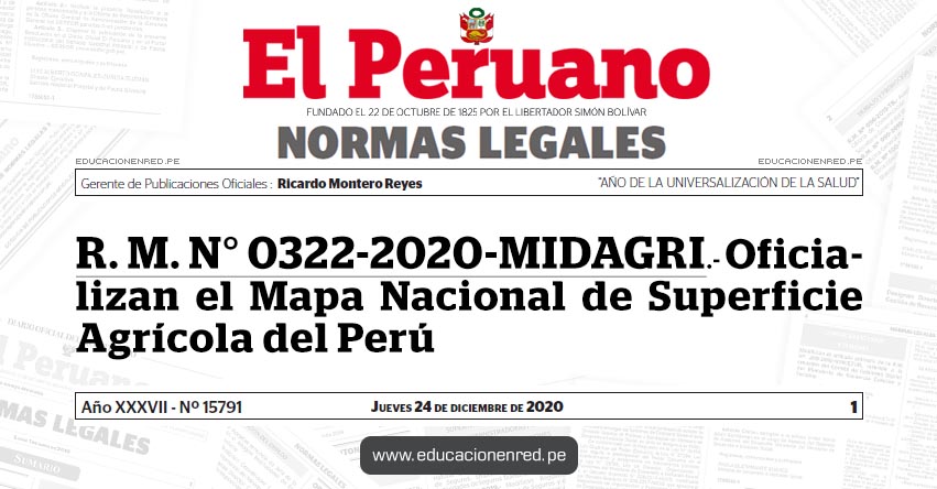 R. M. N° 0322-2020-MIDAGRI.- Oficializan el Mapa Nacional de Superficie Agrícola del Perú