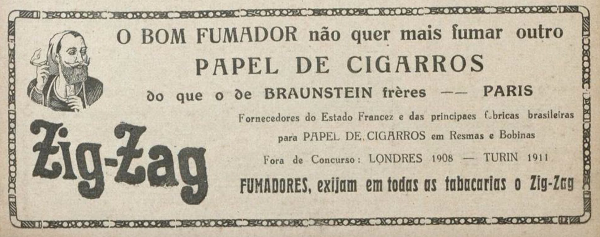 Campanha de 1925 promovendo o papel de cigarros da marca Zig-Zag