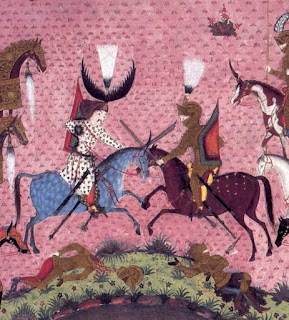 Osmanlı minyatüründe akıncılardan Sinan Bey'in (sol) Macar şövalye Eugene ile dövüşmesi (Süleymanname, 1526)