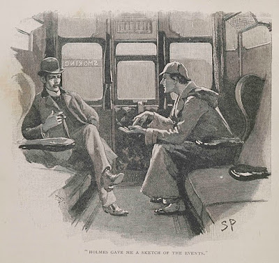 Sherlock Holmes explains a case to John Watson in a train compartment