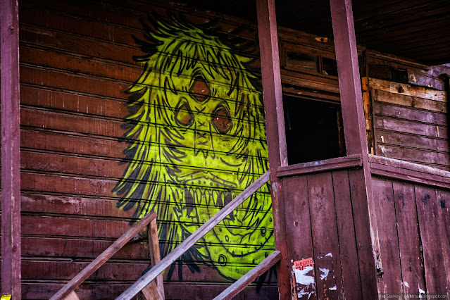 Зеленый монстр на крыльце деревянного дома