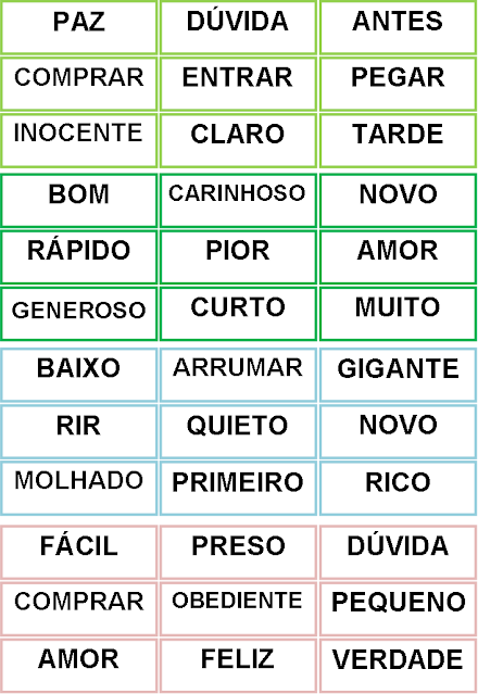 Cartelas do Bingo dos Antônimos 2