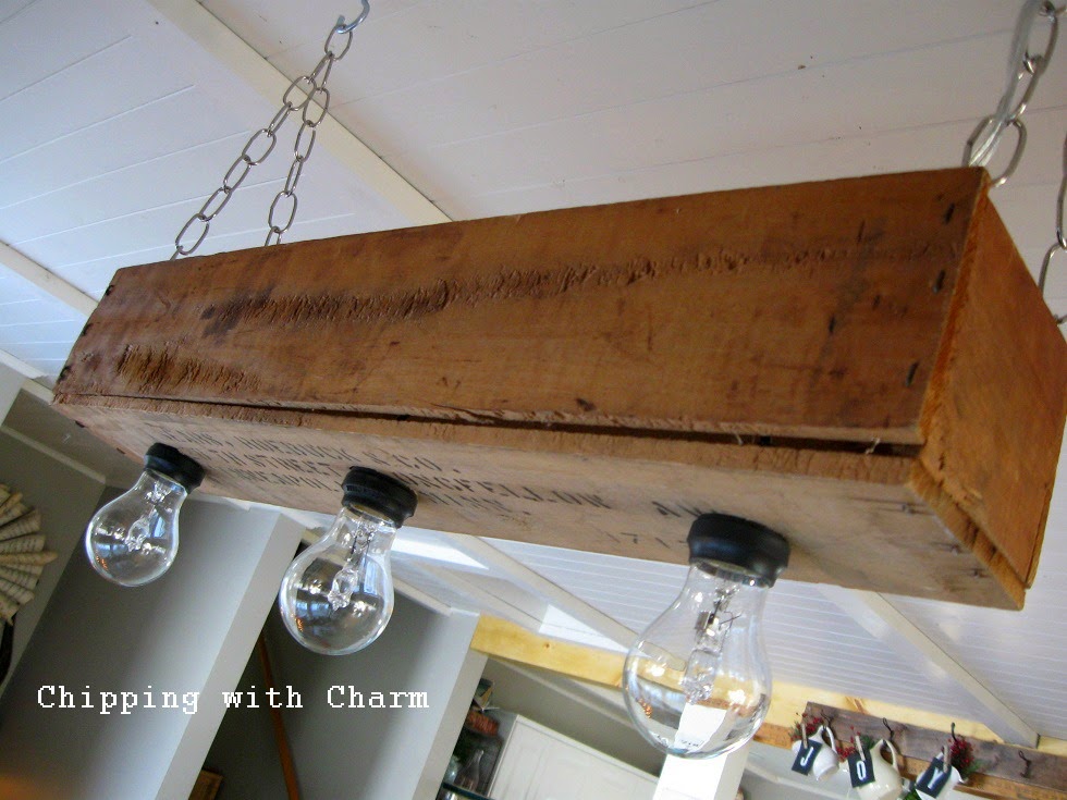 Chipping with Charm: Hanging Crate Light Fixture...http://www.chippingwithcharm.blogspot.com/