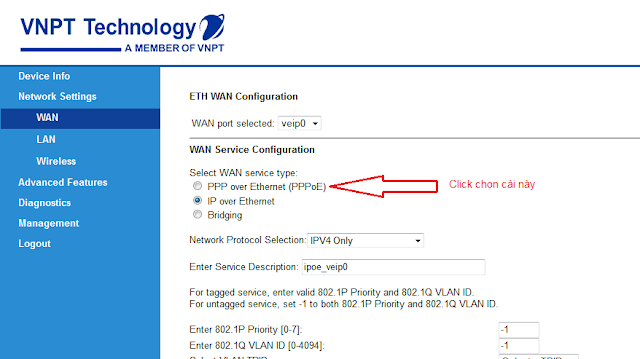 Chọn PPP over Ethenet (PPPoE)