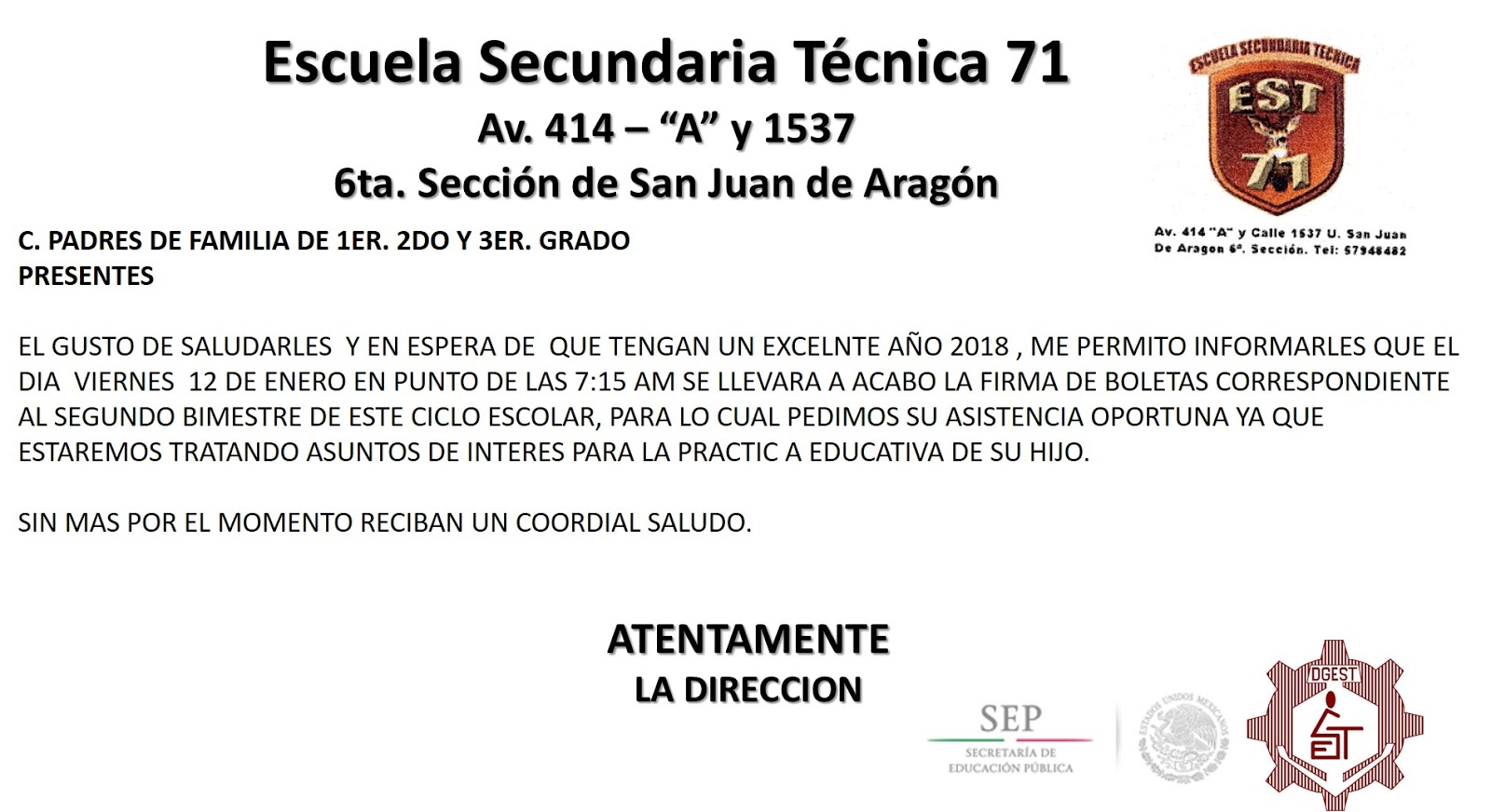 Escuela Secundaria Técnica 71 FIRMA DE BOLETAS SEGUNDO