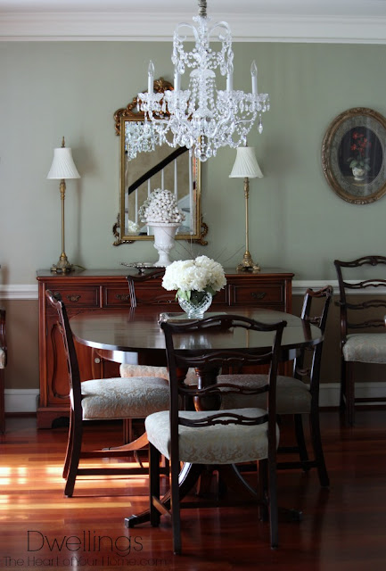 Hydrangea and twig dining room centerpiece.