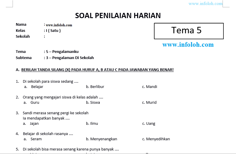 Soal Tematik Kelas 1 Sd Tema 5 Pengalamanku Subtema 3 Kurikulum 2013 Pengalaman Di Sekolah Dan Kunci Jawaban Infoloh Com