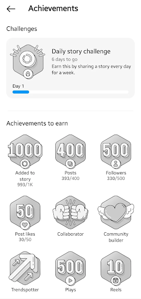 Screenshot of Instagram achievements screen from the Android app