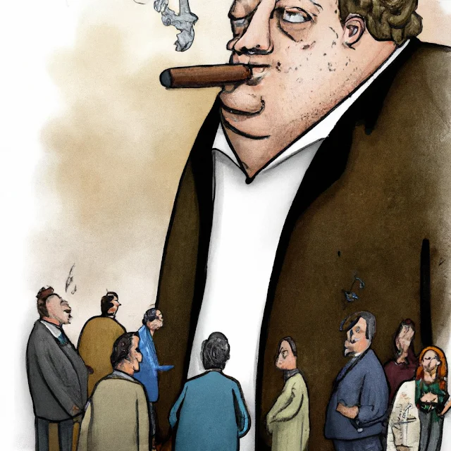 Large tall man making cigar surrounded by small people admiring him cartoon