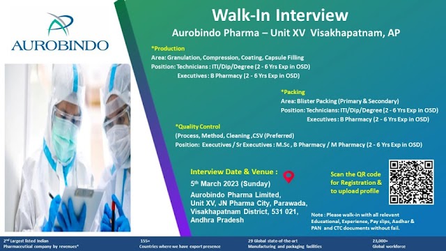 Aurobindo Pharma | Walk-in interview at Visakhapatnam for Production, Packing & QC on 5th March 2023