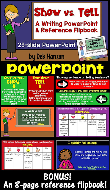 Show Don't Tell Writing Lessons! This resource contains a 23-slide PowerPoint and a 7-page matching flipbook!