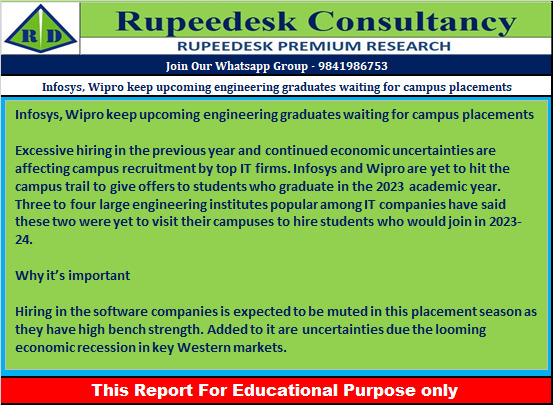 Infosys, Wipro keep upcoming engineering graduates waiting for campus placements - Rupeedesk Reports - 14.02.2023