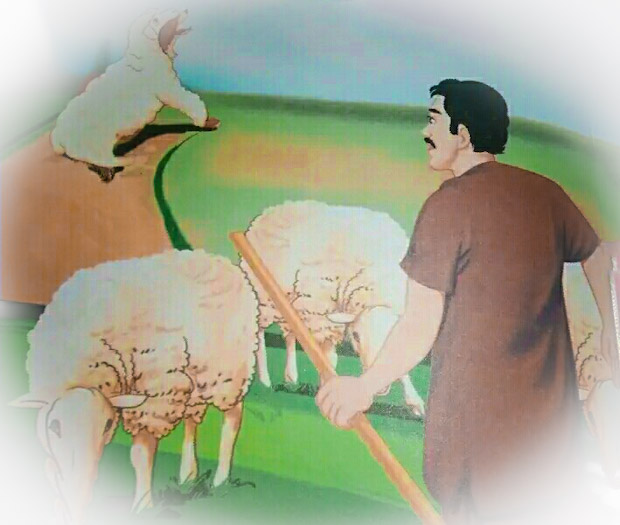 The shepherd is seeing the hide of sheep on the Wolf's body fell down.