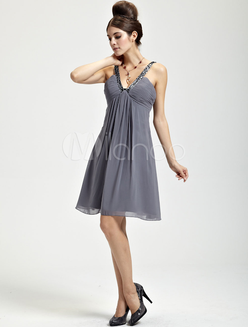 China Wholesale Clothes - Delicate Deep Gray Chiffon V-neck Knee Length Womens Cocktail Dress