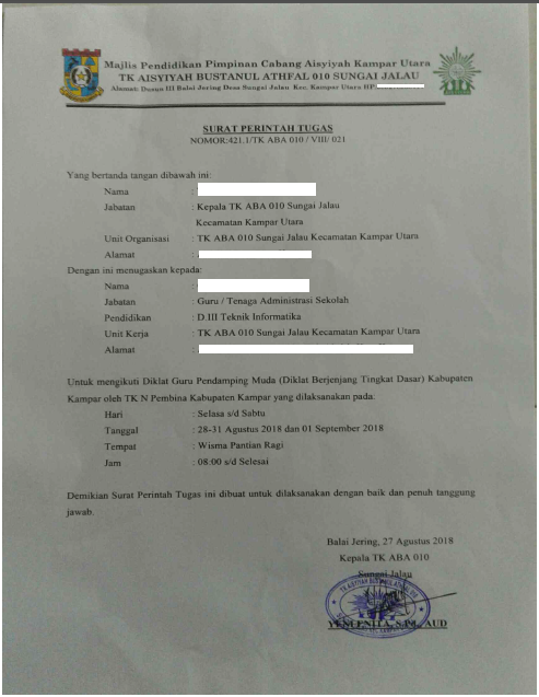 Contoh Format Surat Perintah Tugas Spt Tk Kb Cpartikel