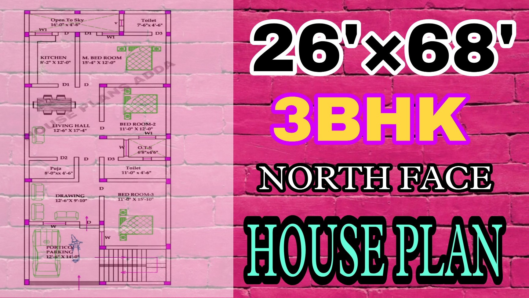 26 × 68 3bhk house plan