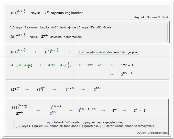 Örnek Soru - 4 » Bilinmeyenli üssün pay ve payda geçişleri » Üslü sayıların üsleri (Kaynak: Supara 9. Sınıf).