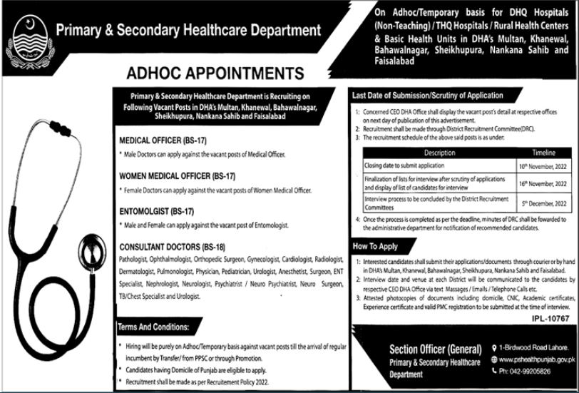 Latest Primary and Secondary Healthcare Department Management Posts Lahore 2022