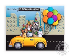 Sunny Studio Stamps: Cruising Critters Animals in Party Hats with Balloons in Car Birthday Card (using Cityscape Border dies, hats from Purrfect Birthday & Party Pups Stamps, Balloons from Oceans of Joy Stamps)