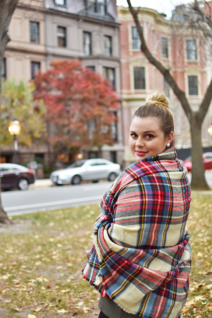 asos-plaid-blanket-scarf-olive-green-sweater-high-bun-riding-boots-jcrew-pixie-pant-louis-vuitton-speedy-30-david-yurman-michael-kors-pearl-earrings