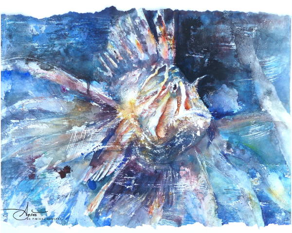 peinture, poisson, agnes au pinceau dansant, agnès grégis, aquarelle,  poisson-lion, rascasse volante, art, under the sea