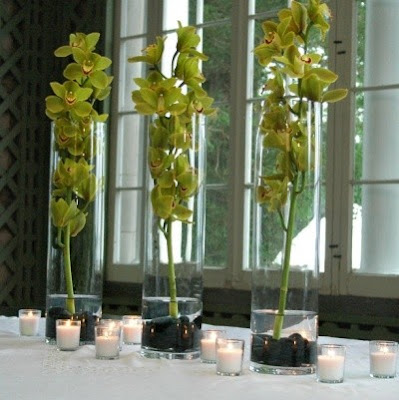 Orchid stems in tall cylinder vases with some pebbles for interest
